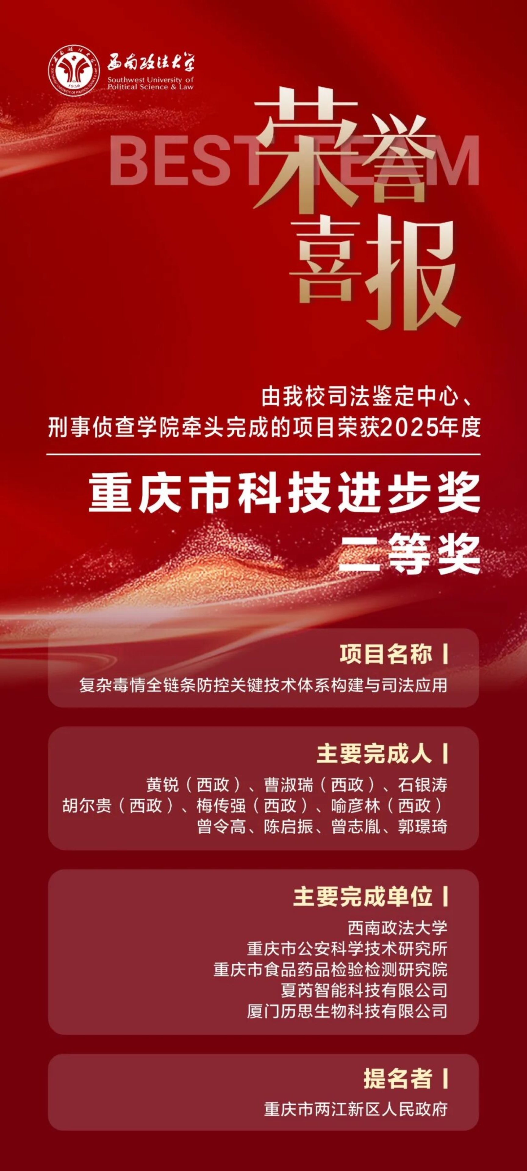 由我校司法鉴定中心、刑事侦查学院牵头完成项目荣获2025年度重庆市科技进度奖二等奖